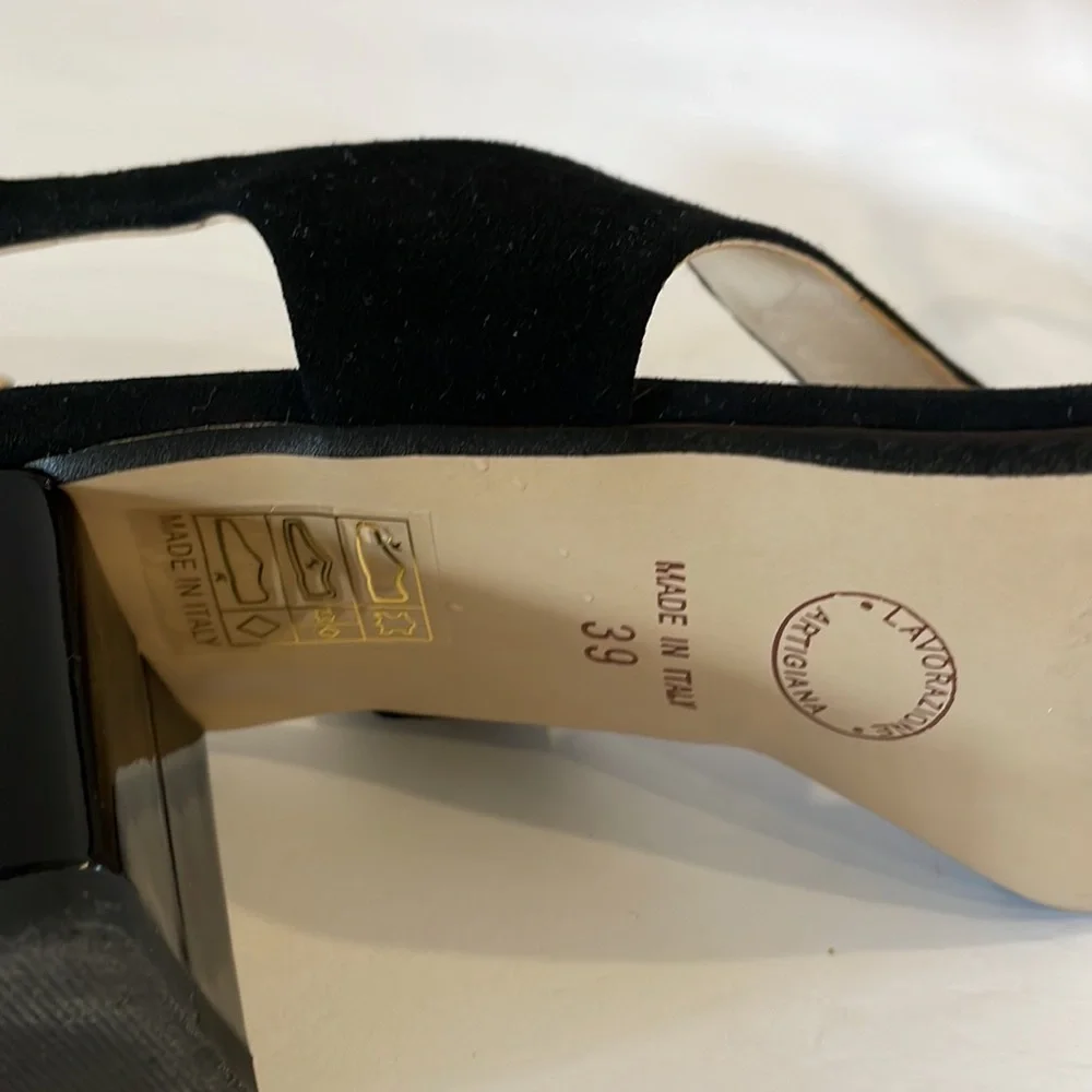 LINEA UNO VERA PELLE genuine patent leather / suede black sandals block heel 39